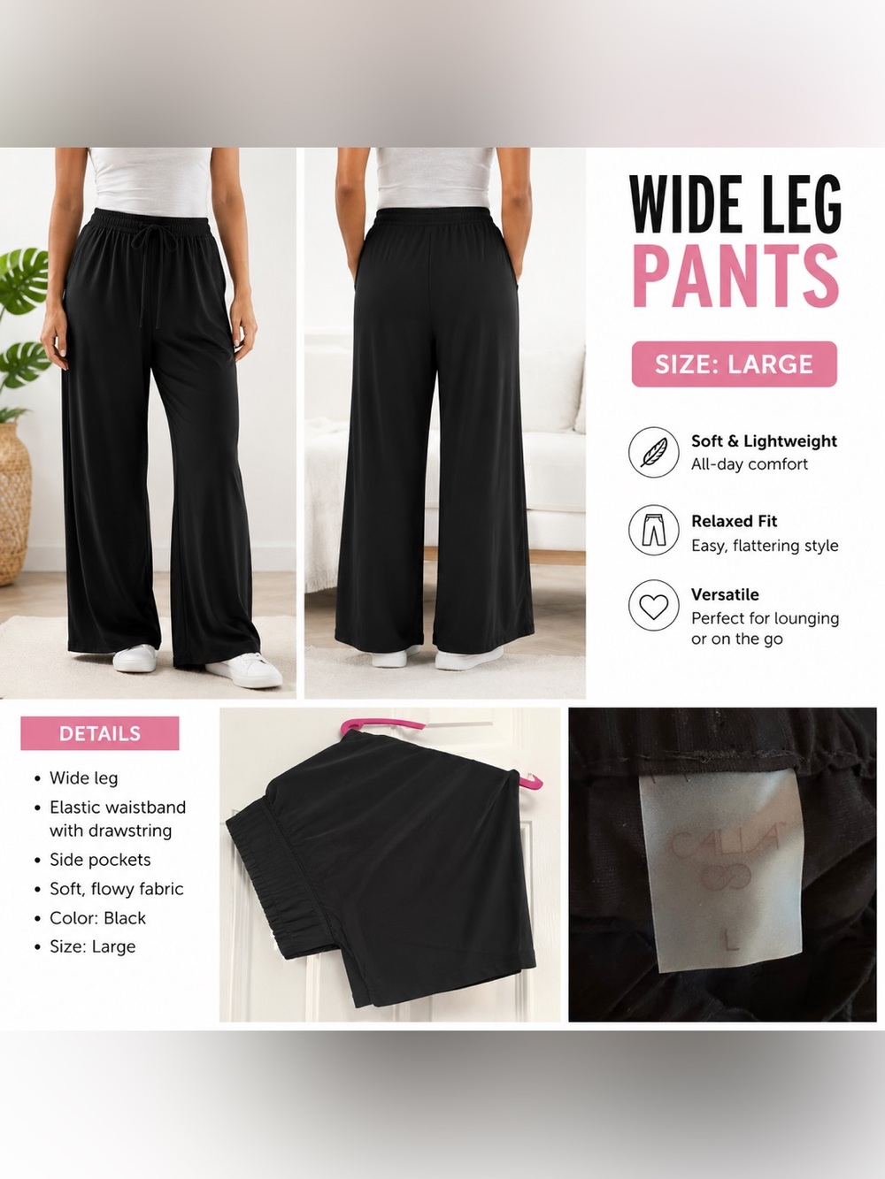 Never been worn Wide Leg Black Lounge Pants with Elastic Waistband
